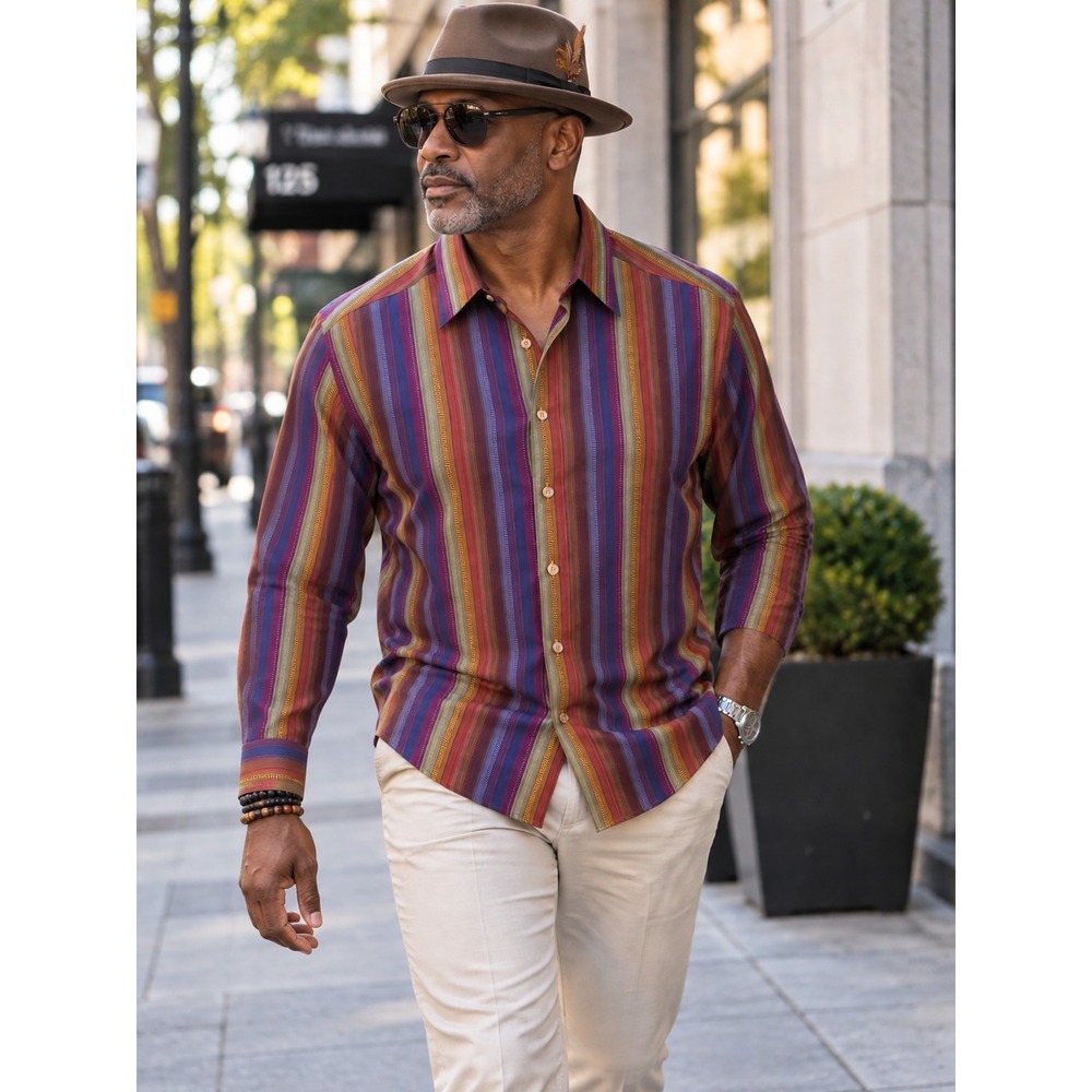 Robert Graham Shirt L Woven Multi Stripe Silk Trim Rainbow Stitch Placket Luxury